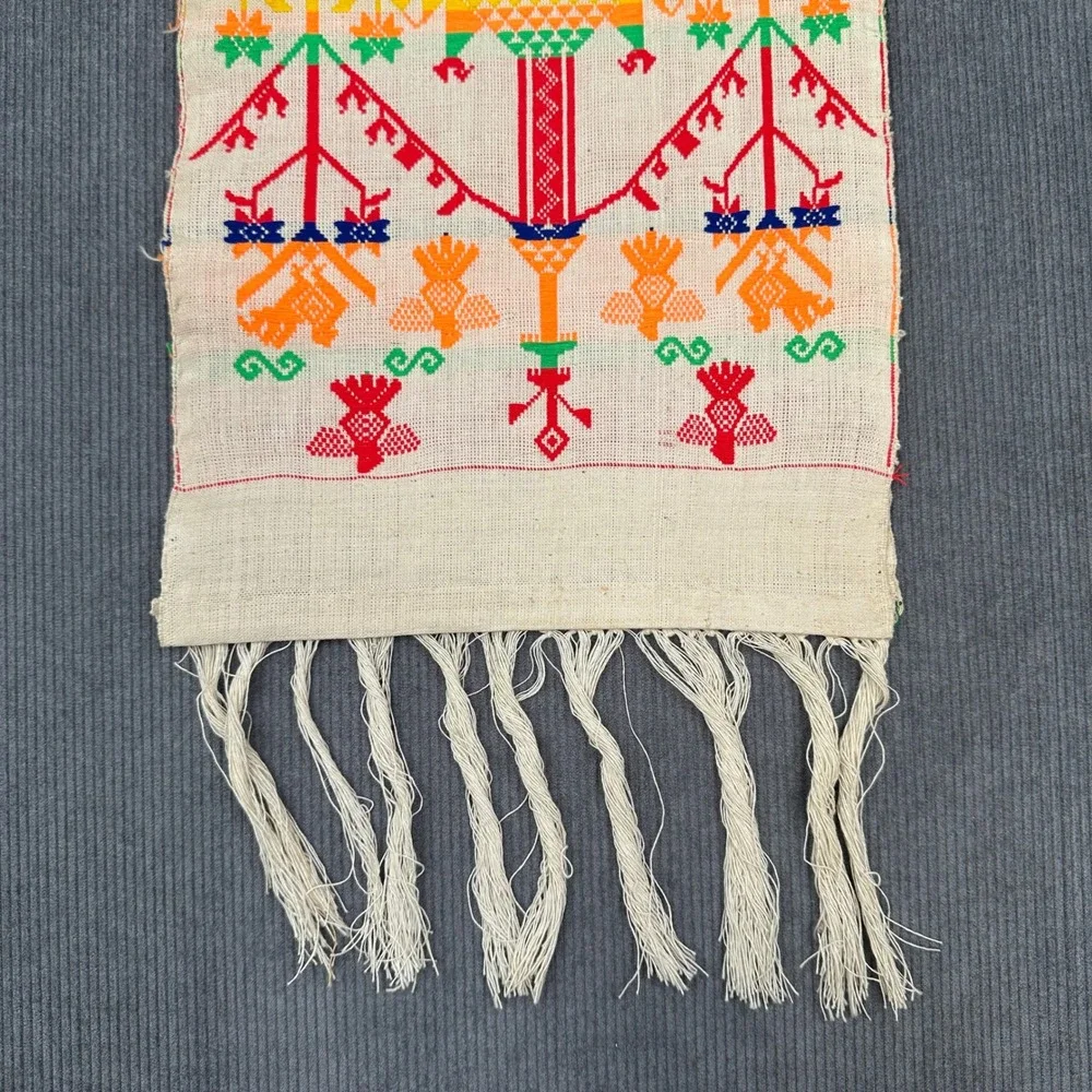 Vintage Handwoven Folk Art Textile Table Runner Rainbow Geometric Fringe‎ 42x10